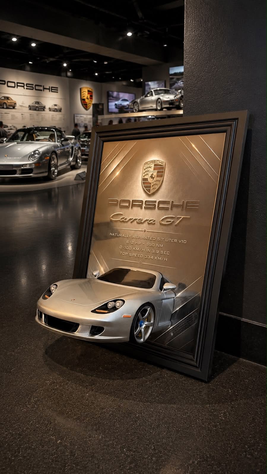 Framed 3D printed artwork of a silver Porsche Carrera GT