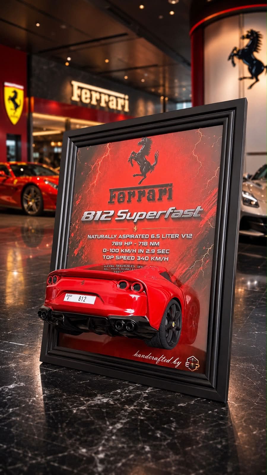 Framed 3D printed artwork of a red Ferrari 812 Superfast