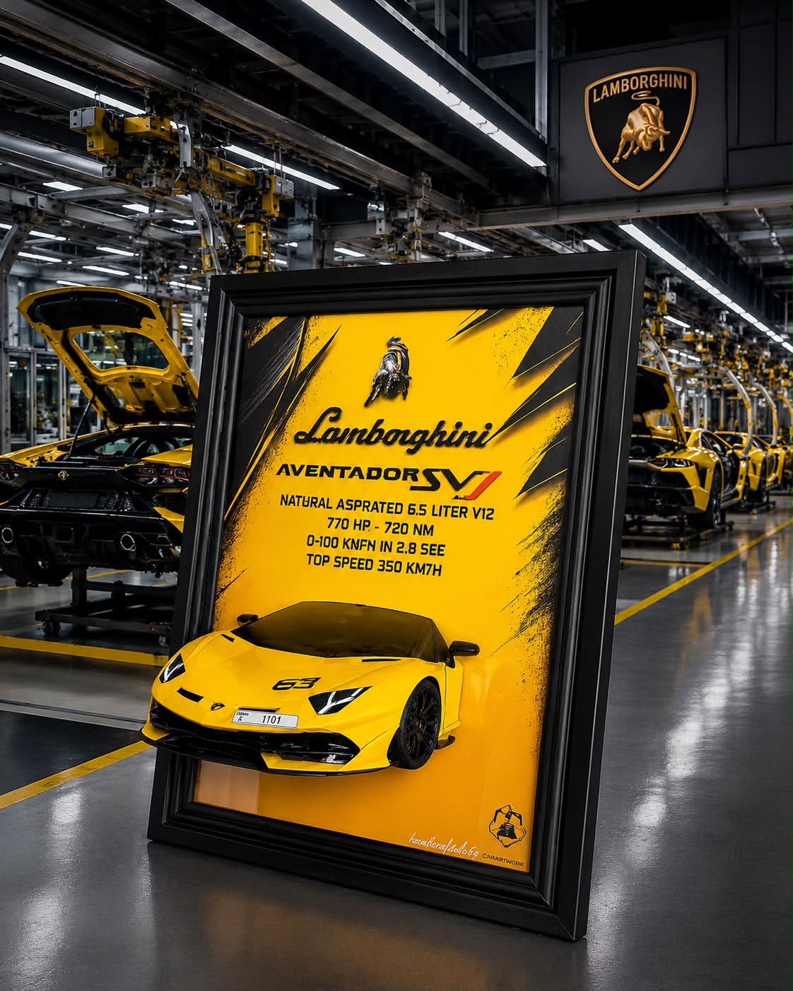Framed 3D printed artwork of a yellow Lamborghini Aventador SVJ