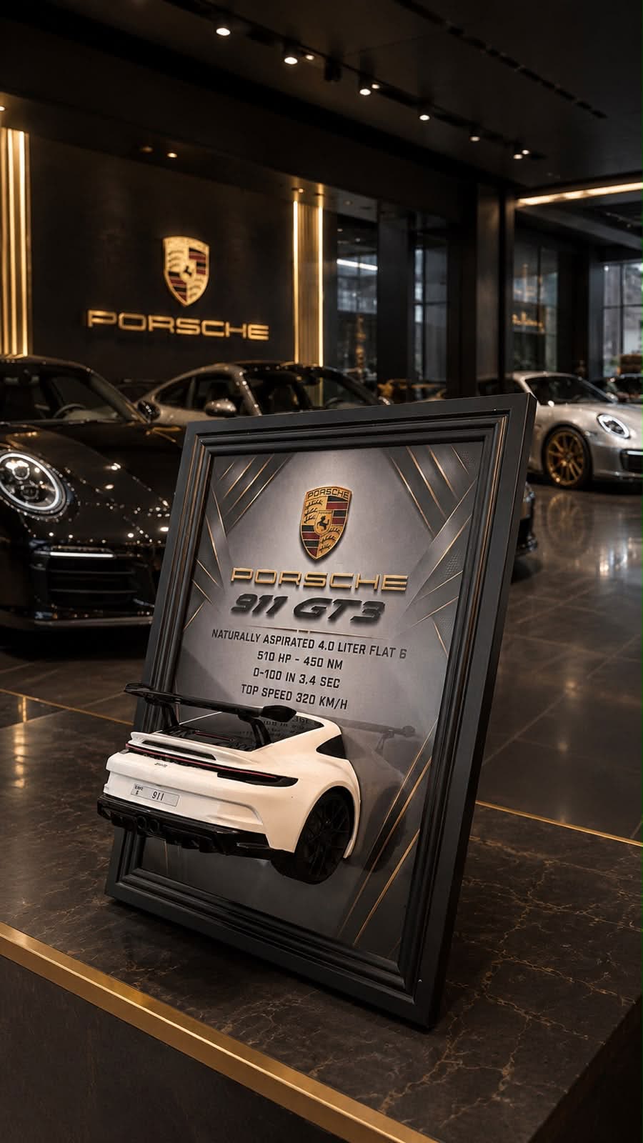 Framed 3D printed artwork of a white Porsche 911 GT3